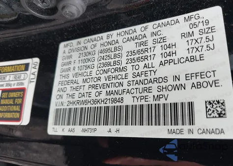 2019 Honda Cr-V Lx z USA, uszkodzony, nr VIN 2HKRW6H36KH219848